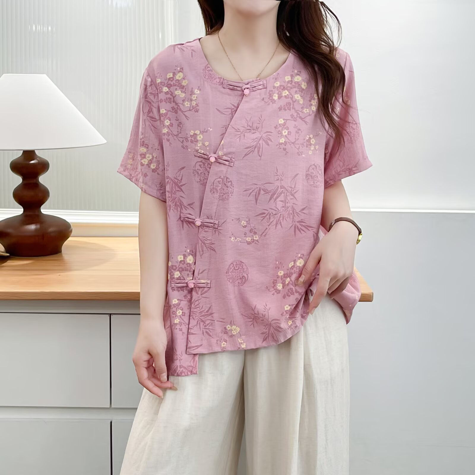 1195大码胖mm夏季减龄国风显瘦盘扣圆领宽松衬衫女文艺百搭YL