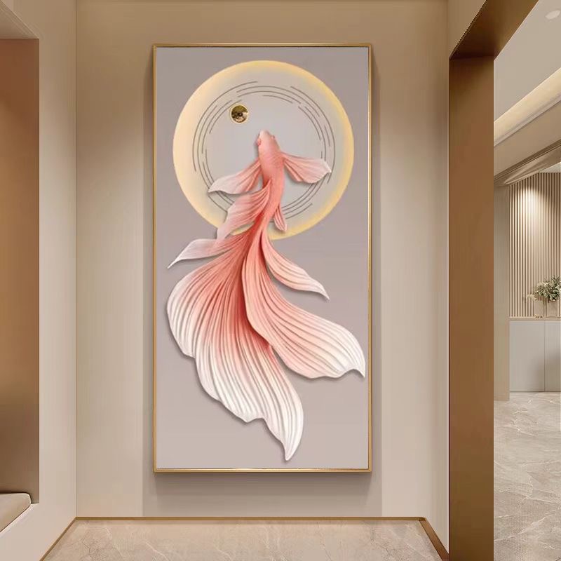 无品牌立体浮雕锦鲤鱼带灯客厅玄关入户过道高级感装饰画