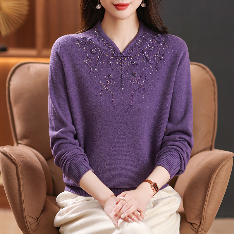 旗袍领钉珠时尚中老年女装100%羊毛针织衫秋冬新款宽松长袖上衣