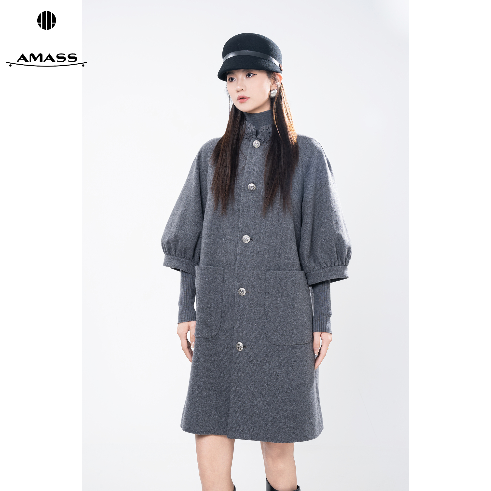 AMASS/阿玛施秋冬新款复古老钱风设计感时尚中长款毛呢大衣540056