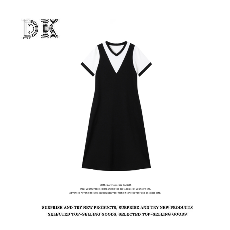 DK 2025女装 夏季设计感拼接撞色假两件V领短袖休闲连衣裙 51219