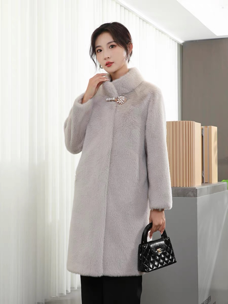 [笑笑专属]女士灰色貂绒外套时尚保暖舒适立领气质轻奢修身004