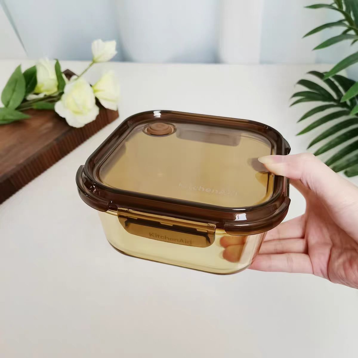 K家 正方形 琥珀色玻璃保鲜盒2支 长边15㎝ 高度6㎝ 容量780ML