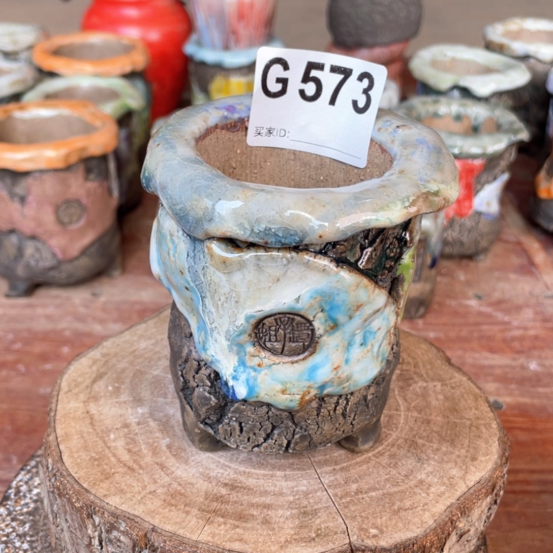 紫砂花盆孤品 不规则油画山石老桩内口5.5