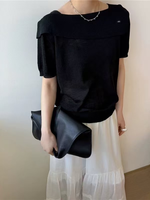 Z.X 设计款拼接一字肩短袖针织衫 5221