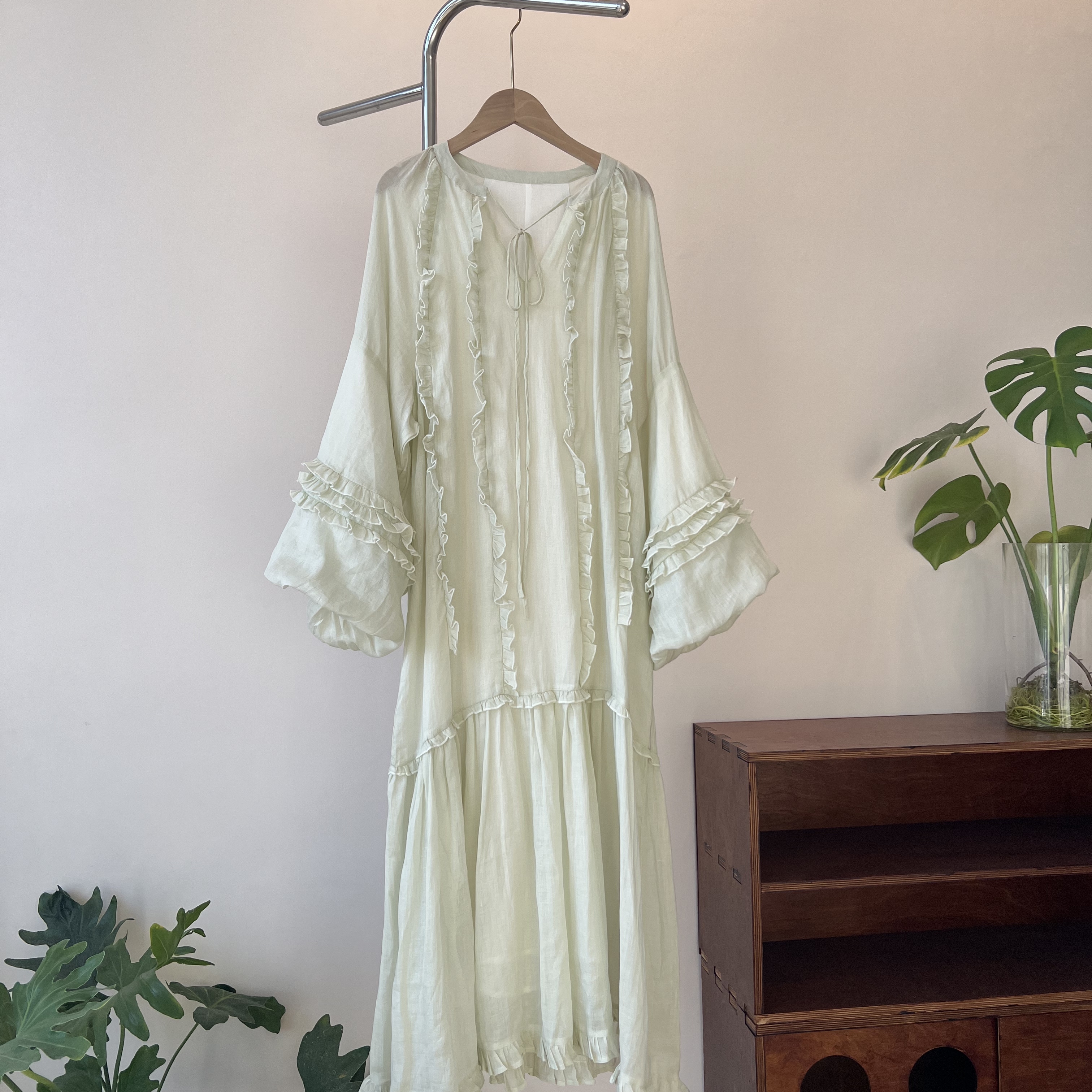 【淡雅】纯苎麻褶皱木耳花边连衣裙仙女风度假裙子 裙长130胸围115