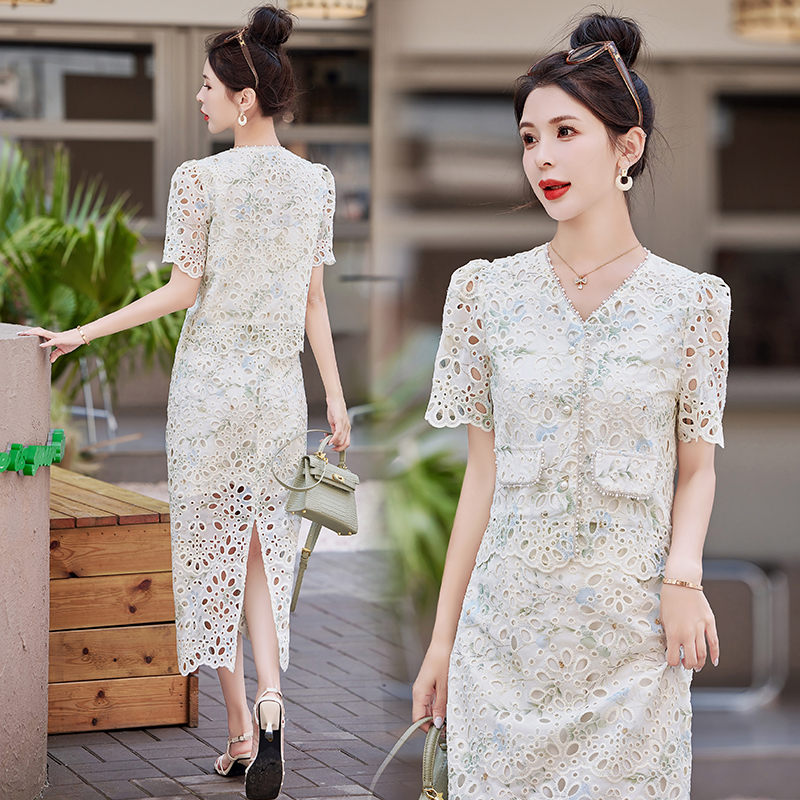 小香风镂空蕾丝套装女2025夏季新款时尚气质减龄显瘦半身裙两件套