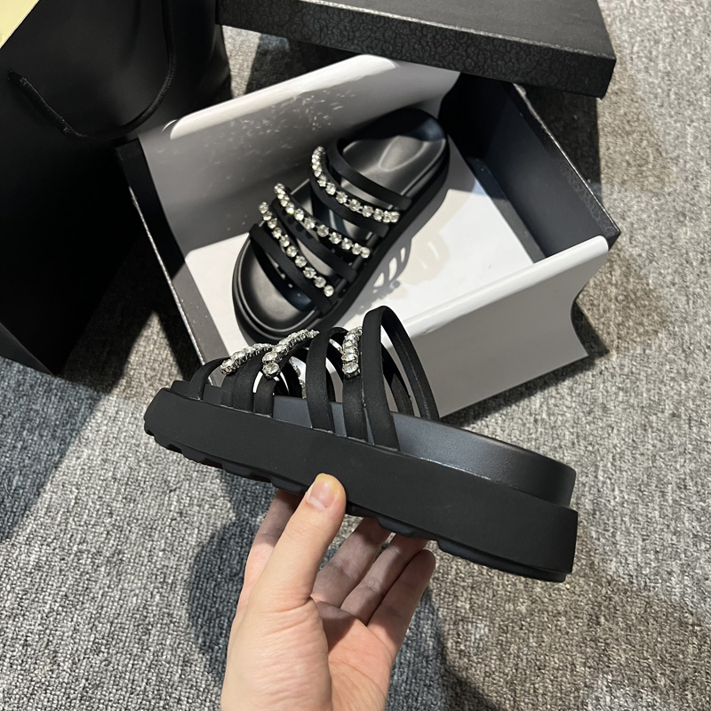 2025夏真皮厚底松糕鞋一脚蹬露趾凉拖鞋女水钻凉鞋女外穿L5057-01