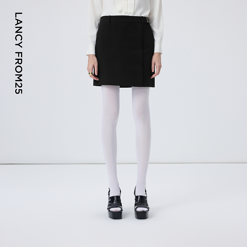 朗姿法式学院风高腰黑色短裙半身裙新款显瘦气质包臀裙