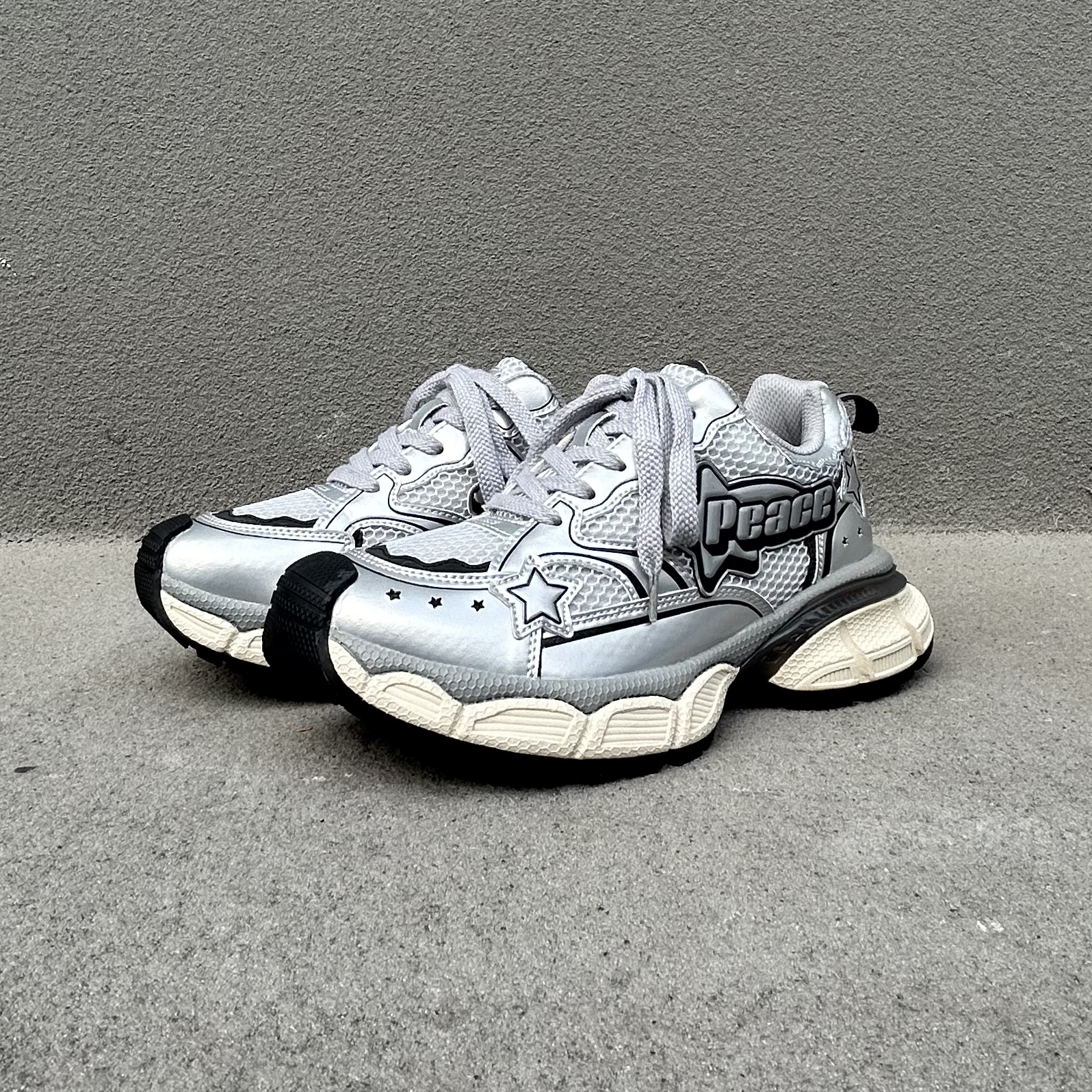 麦德空新款复古银色老爹男女鞋韩版松糕鞋增高运动鞋子