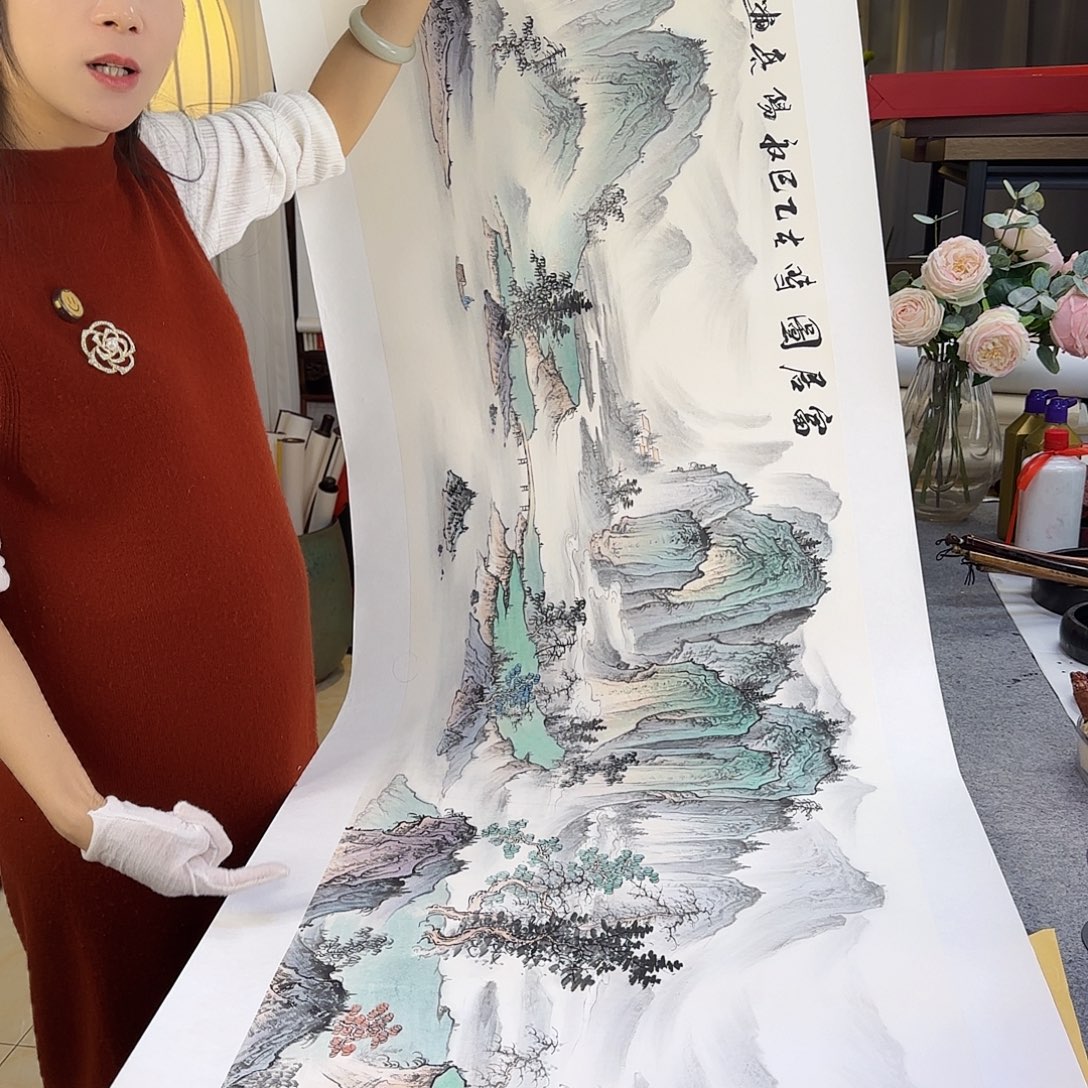 国画伊人阳亮青绿山水