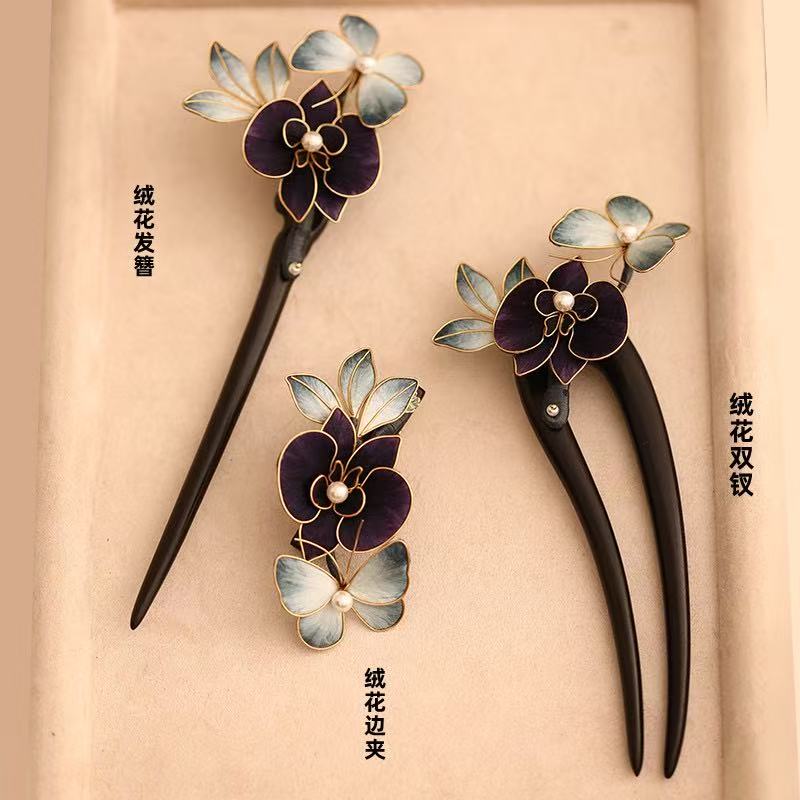 新作手工蚕丝绒花檀木发簪古风发饰木发钗汉服盘发簪子高级感头饰