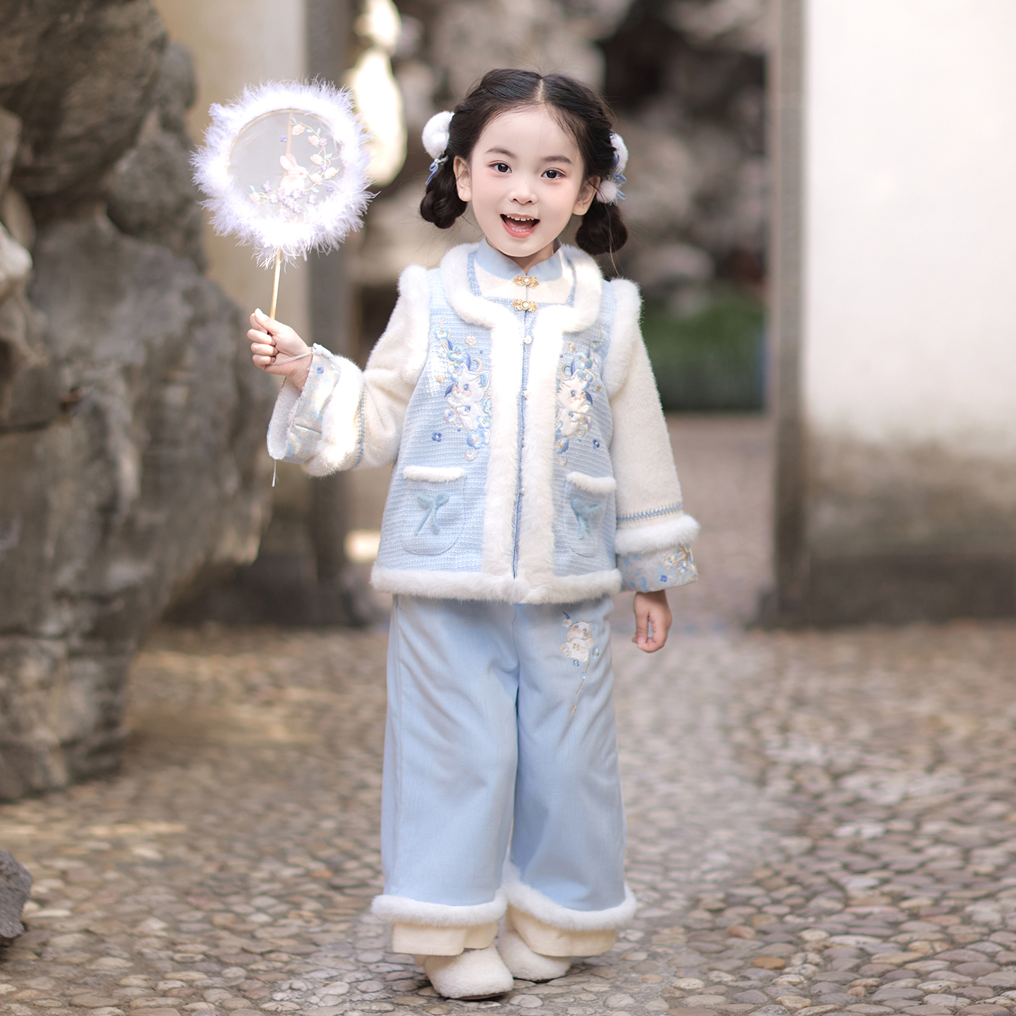 【游园小梦】汉服女童冬装25年中国风蓝色裤子套装女孩唐装拜年服