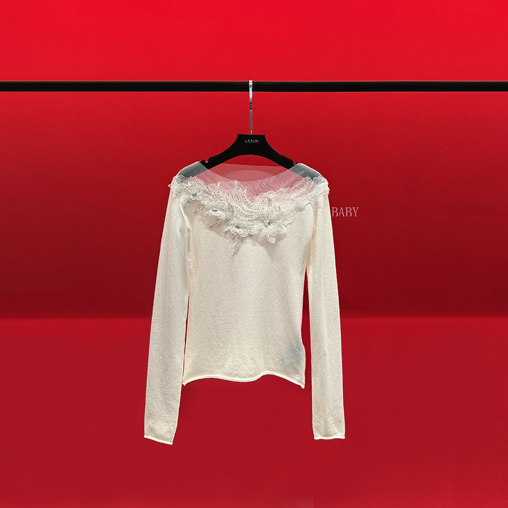 【L.K.BABY】 蕾丝花玉 法式纯欲钉珠拼接蕾丝花朵减龄T恤