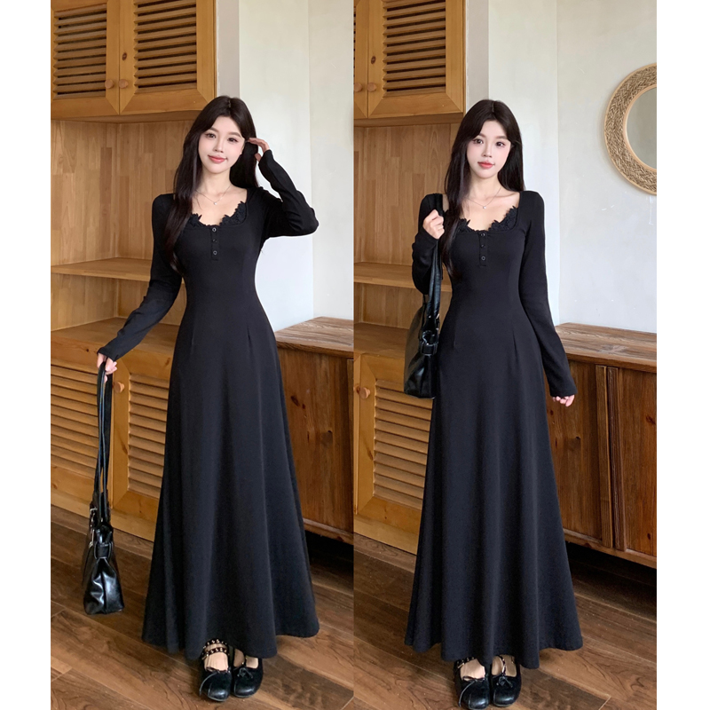 大码加绒保暖甜辣针织黑色长袖连衣裙秋冬内搭蕾丝修身打底长裙子