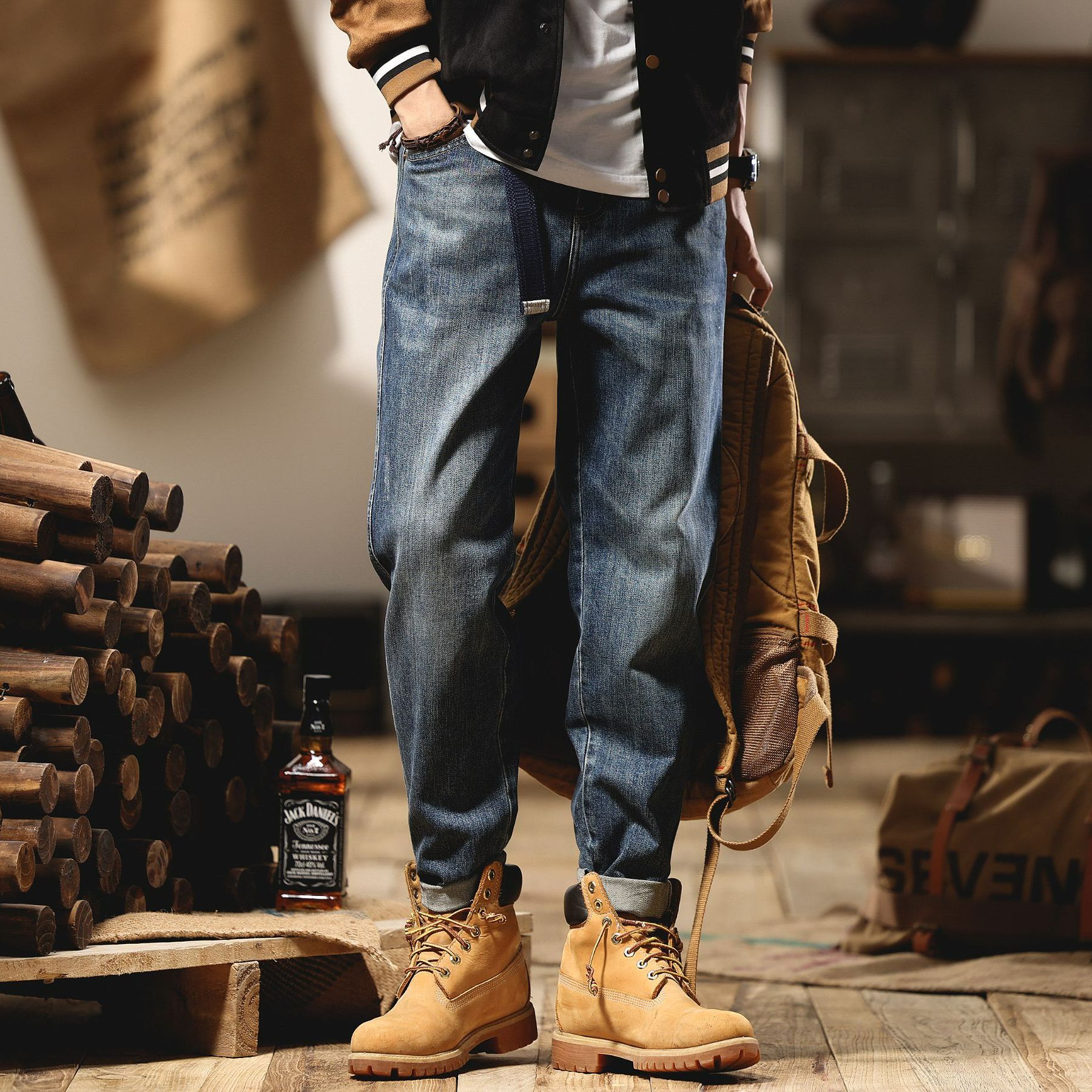 赤单美式休闲复古水洗男士牛仔裤秋冬宽松百搭小直筒弹力裤子