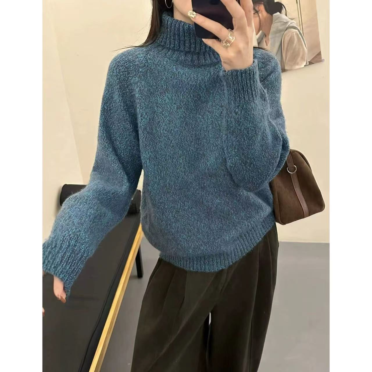 丽姐家~海之蓝花纱长袖女士宽松半高领加厚纯色高领毛上衣