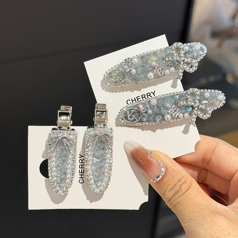 复古浅蓝气质水晶珍珠发夹韩版刘海夹鸭嘴夹优雅时尚百搭发卡头饰