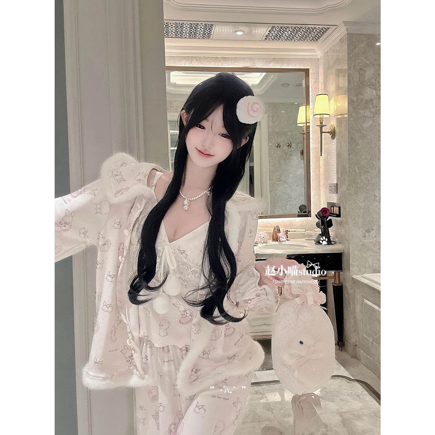 赵小喵【软糯兔兔】纯欲甜美海岛绒睡衣可爱软萌冬季加厚印花家居服