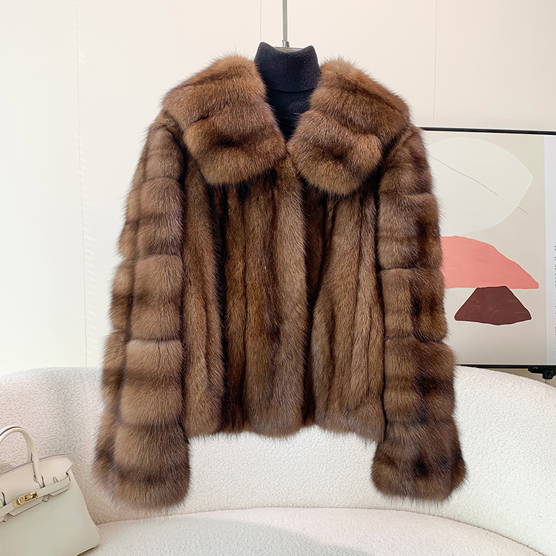 俄罗斯紫貂大满天星农夫原色貂皮大衣短款大翻领时尚皮草ZD083