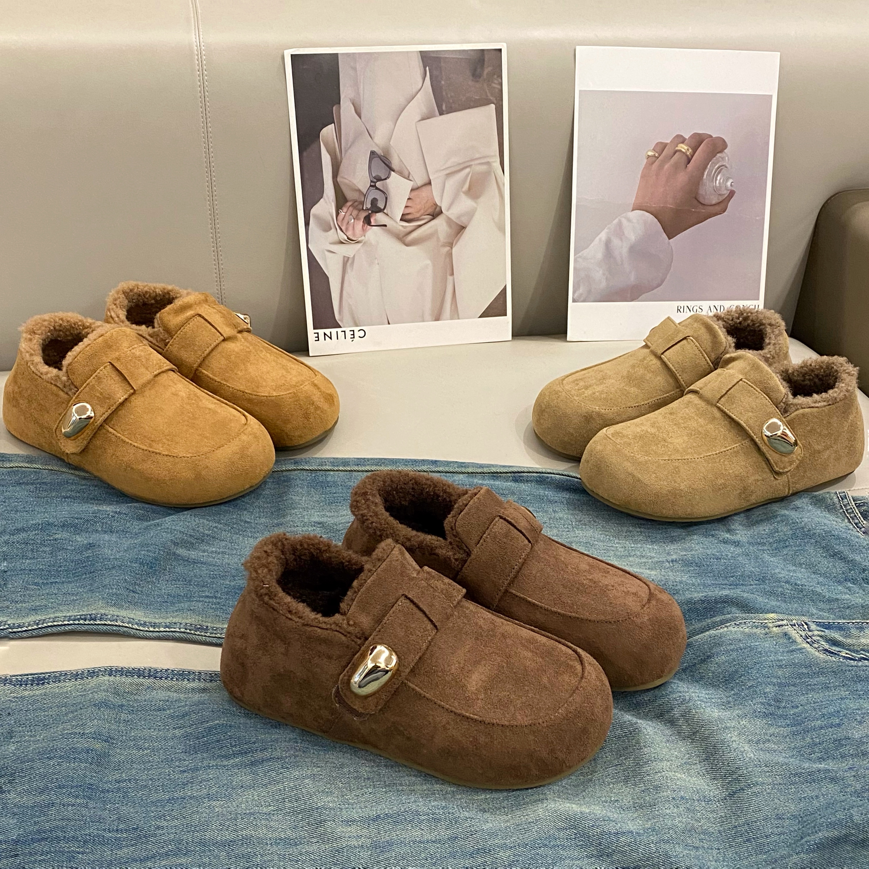 【猪猪家】勃肯鞋休闲百搭保暖女鞋加绒平底小皮鞋冬季纯色秋冬