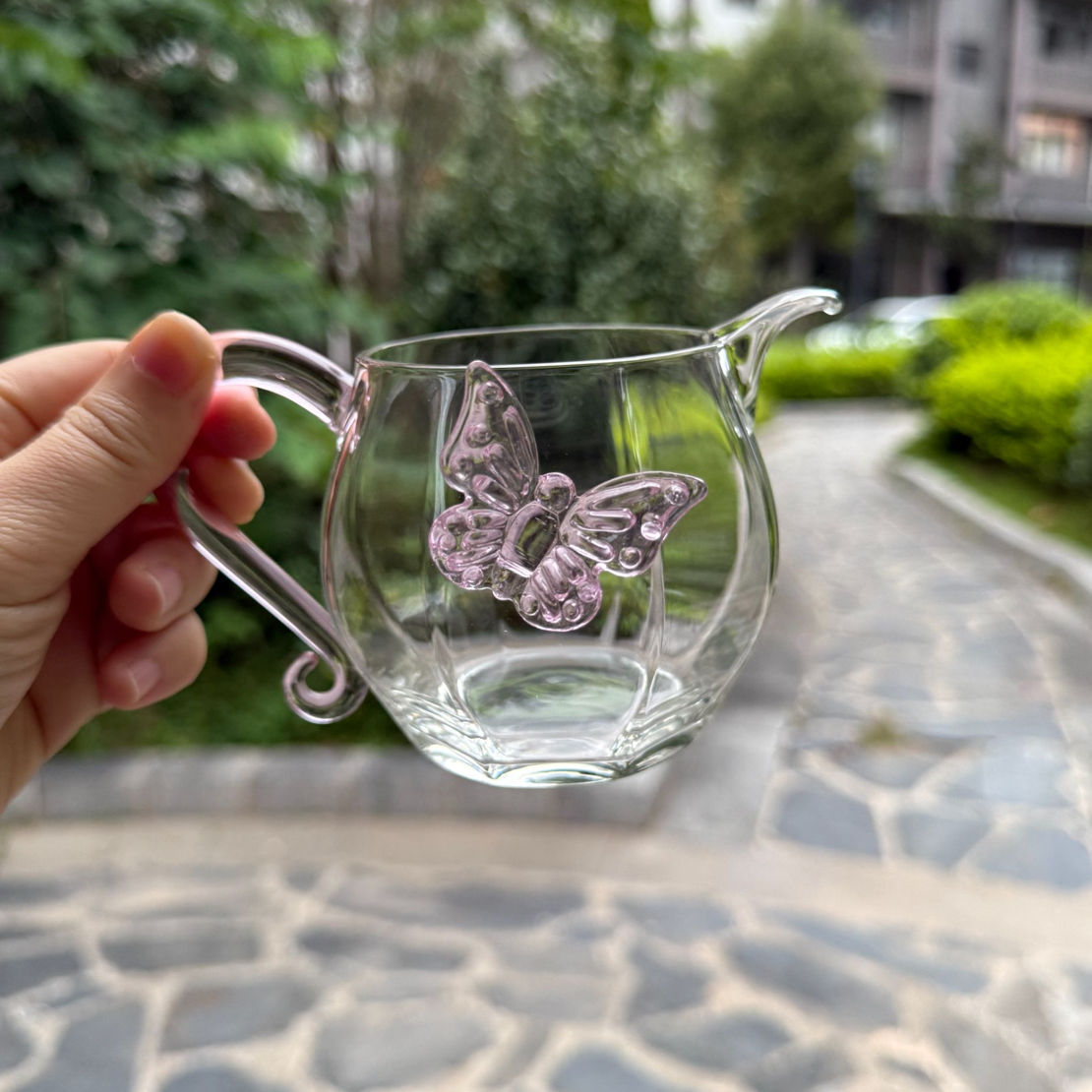 【开播福利】粉色蝴蝶卷把公杯分茶器高硼硅耐热玻璃公道杯230ml