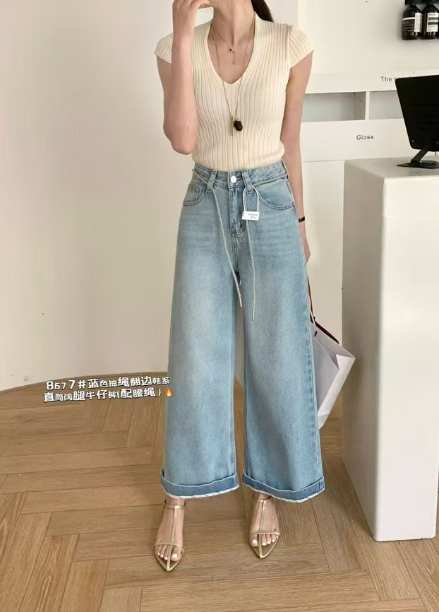 （不期而遇）浅蓝色高腰直筒牛仔裤女春季宽松显瘦百搭法棍裤
