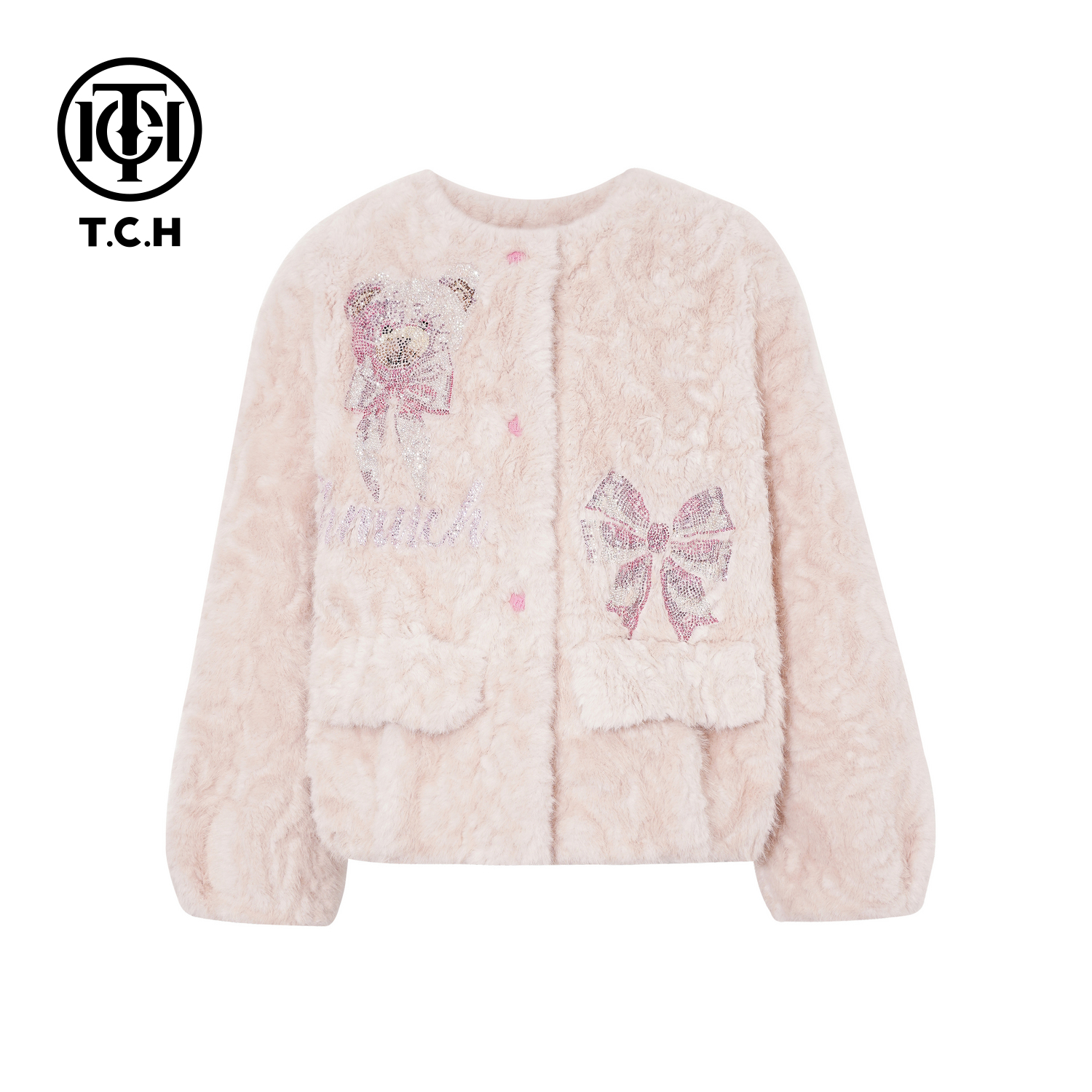 TCH私服秋冬慵懒风烫钻时尚淑女粉色毛毛外套T75D05E1005轻奢tch