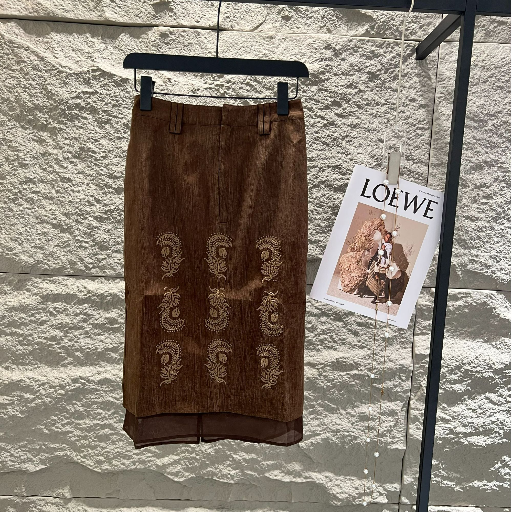 重工刺绣拼接设计咖色半裙