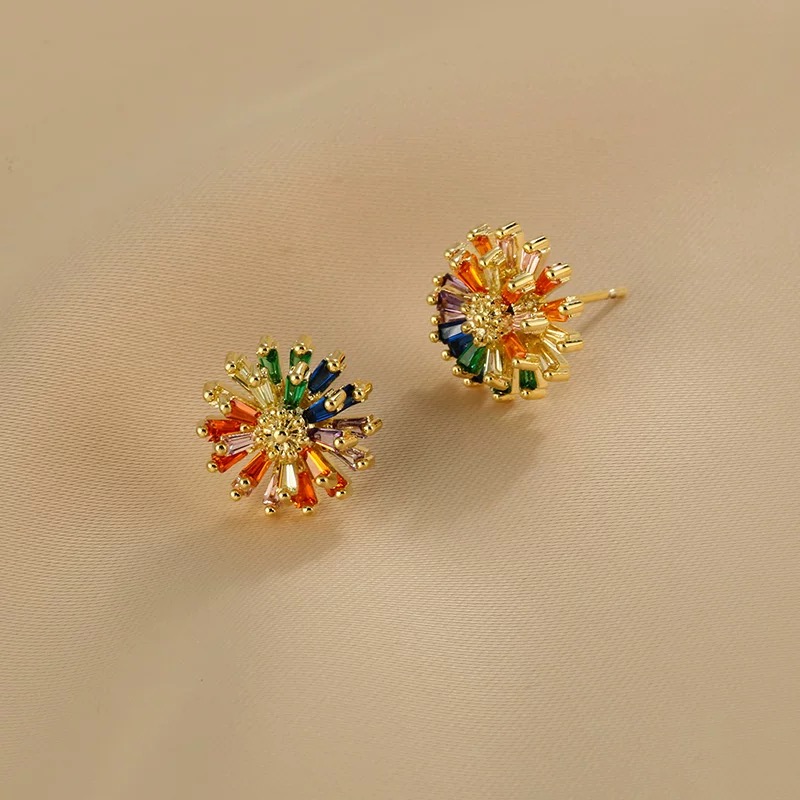 合金合成锆石耳饰 小雏菊耳钉女彩虹花朵设计时尚耳饰品