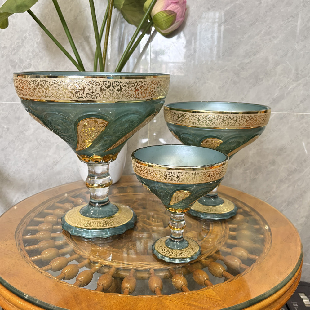 出口中东迪拜轻奢水晶玻璃仿金描金果盘高脚杯