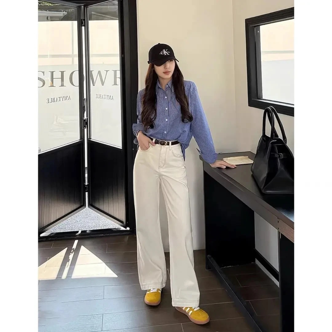 【运费险+现货】2025秋冬新款米杏色牛仔裤女高腰显瘦窄版直筒裤