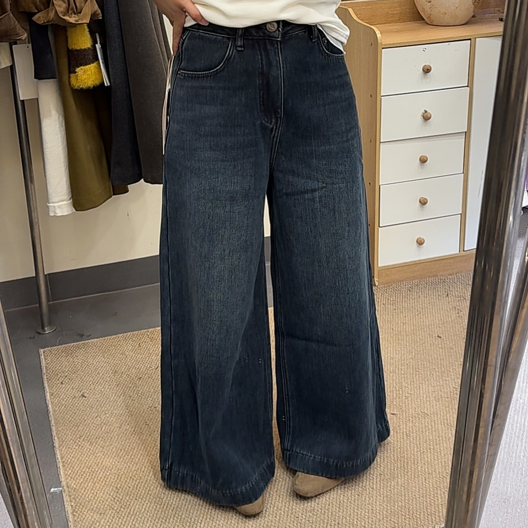 午夜蓝牛仔裤 加绒加厚冬天中高腰牛仔阔腿裤显瘦遮胯高级长裤