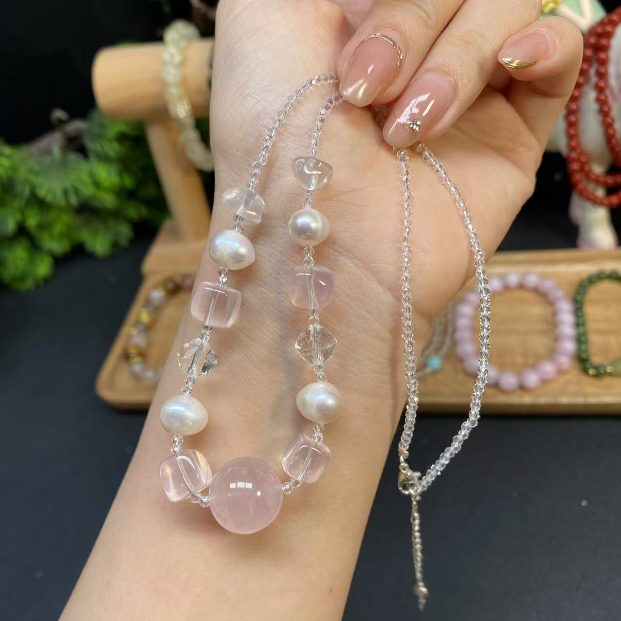 【粉水晶颈链】A790搭配淡水珍珠切面粉晶项链时尚气质仙女天然粉