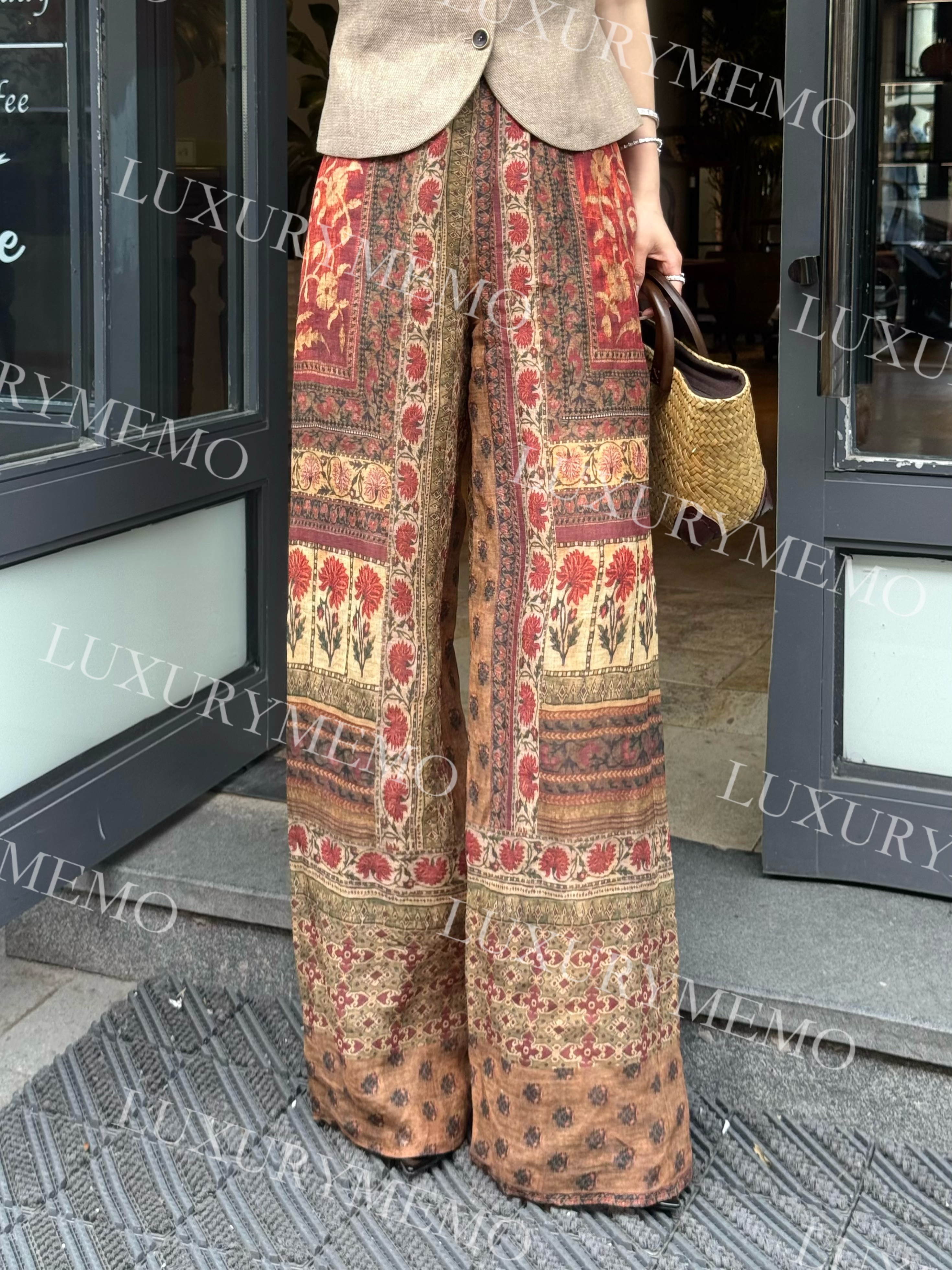 LUXURYMEMO【夏日画廊】重工进口苎麻印花休闲裤女春季麻料宽松轻
