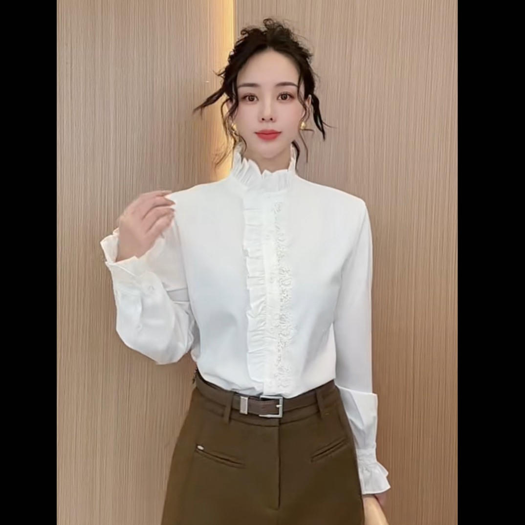 【玫瑰缘欧货OG重工蕾丝木耳边时尚花苞领百搭打底单穿秋冬衬衫