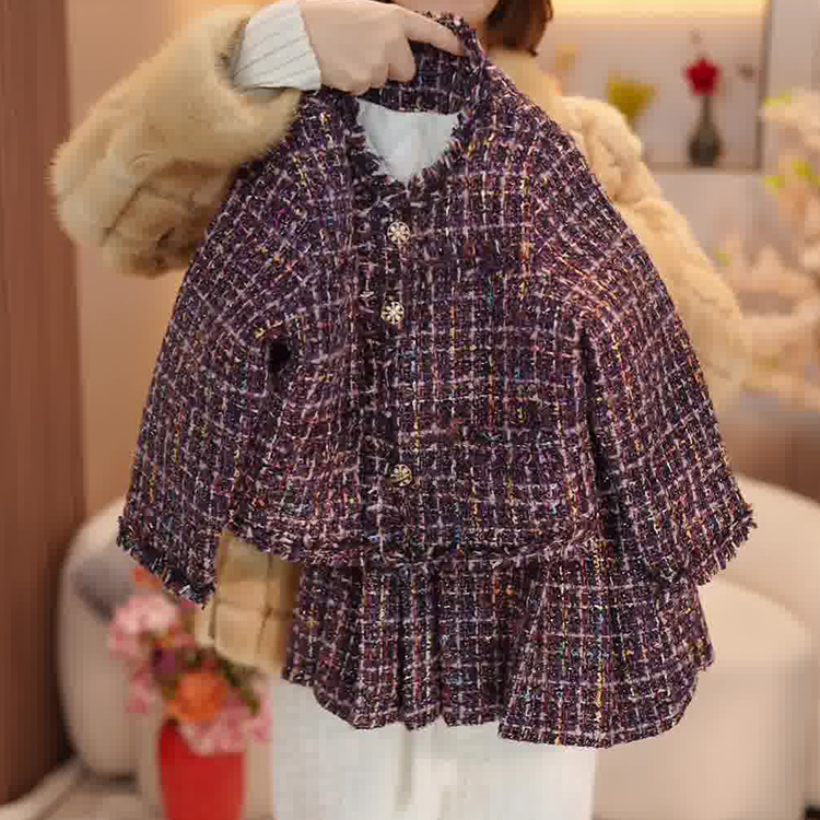 2025秋冬季新款韩版女童夹棉小香风套装中大童时尚外套短裙两件套