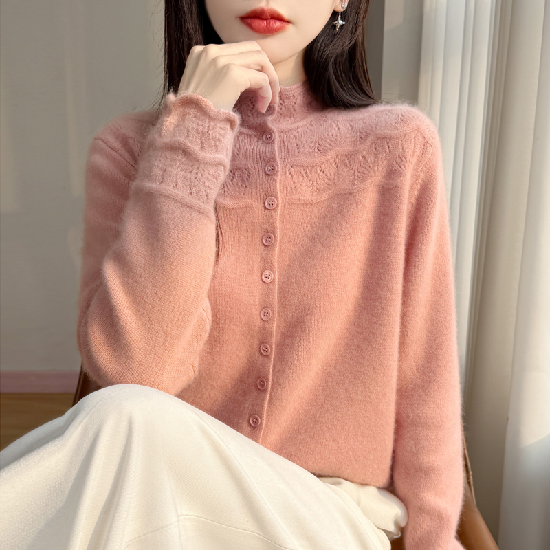 老钱风半高领针织羊毛开衫女秋冬单排扣宽松减龄毛衣外套打底衫女