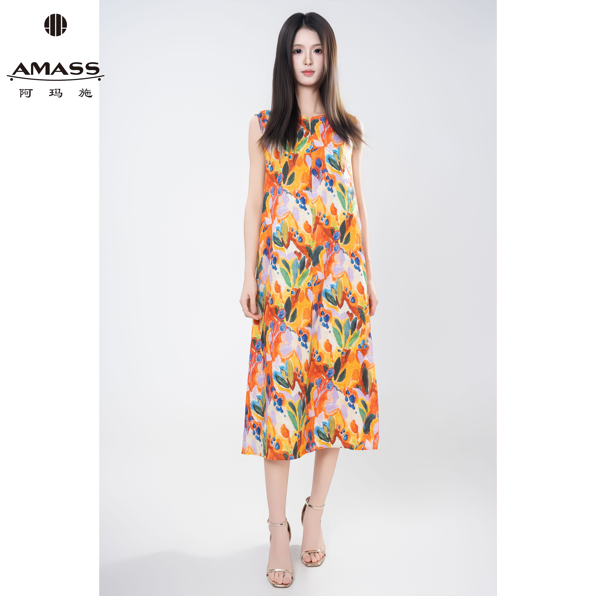 AMASS/阿玛施夏季新款复古时尚气质无袖中长款亚麻连衣裙女550005