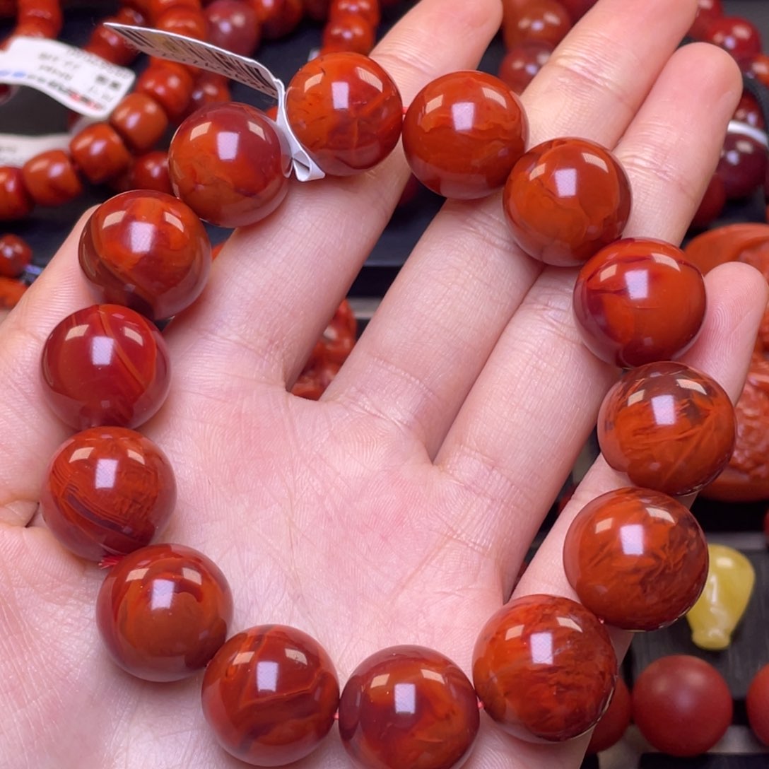 南红玛瑙其他未镶嵌16mm典藏级瓦西火焰纹满肉圆珠手串