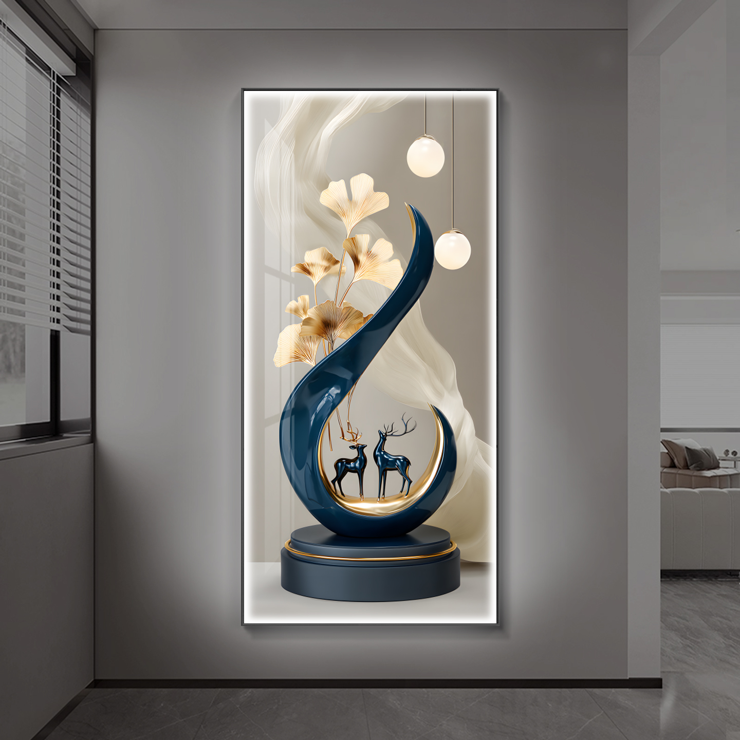 轻奢入户玄关装饰画进门客厅走廊过道挂画新款杏叶麋鹿竖版墙壁画