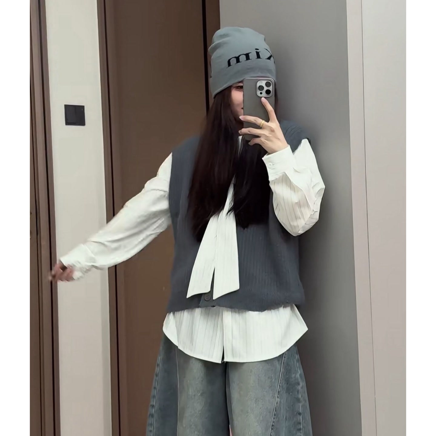 YOO[韩系风]穿搭一整套针织毛衣马甲叠穿衬衫一