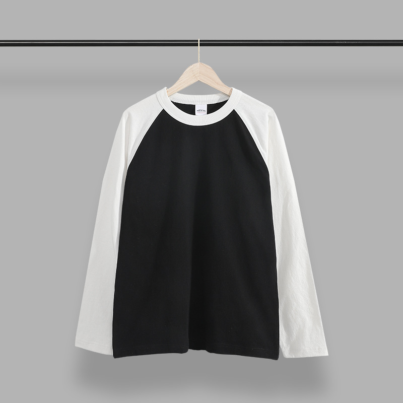 潮牌新春日系复古水洗精梳纯棉插肩袖撞色宽松情侣男女长袖T恤商品图