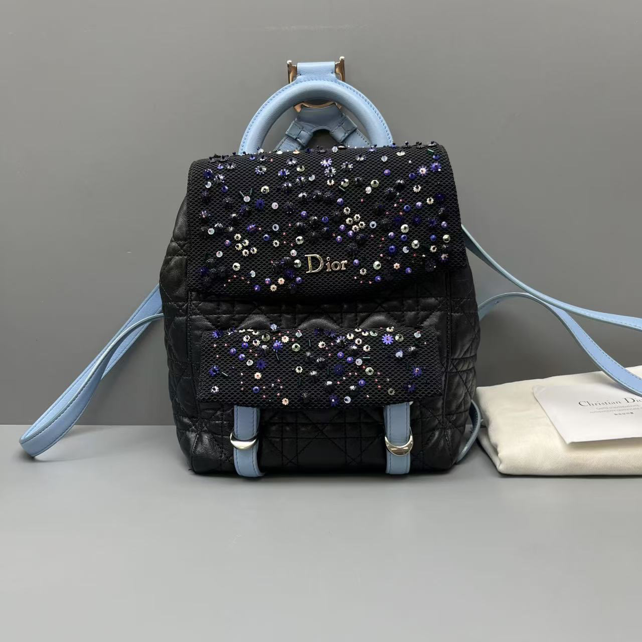 95新 DIOR/迪奥 黑色亮片刺绣满天星双肩背包 尺寸18*21 SV14709