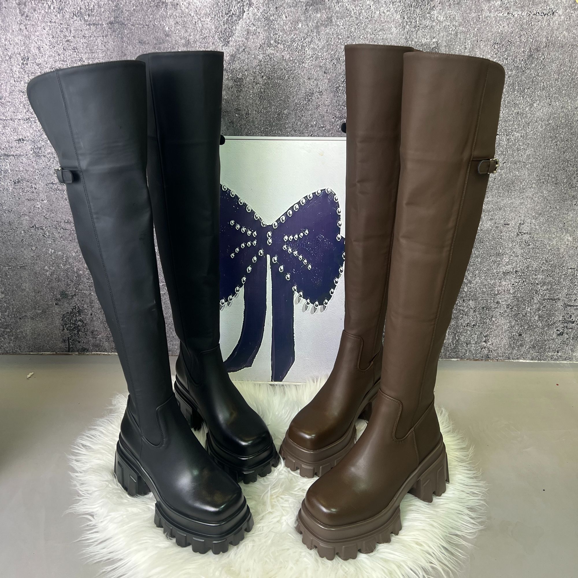 纯色长筒法式过膝靴高跟弹力靴女士显瘦英伦皮靴加绒时尚休闲百搭