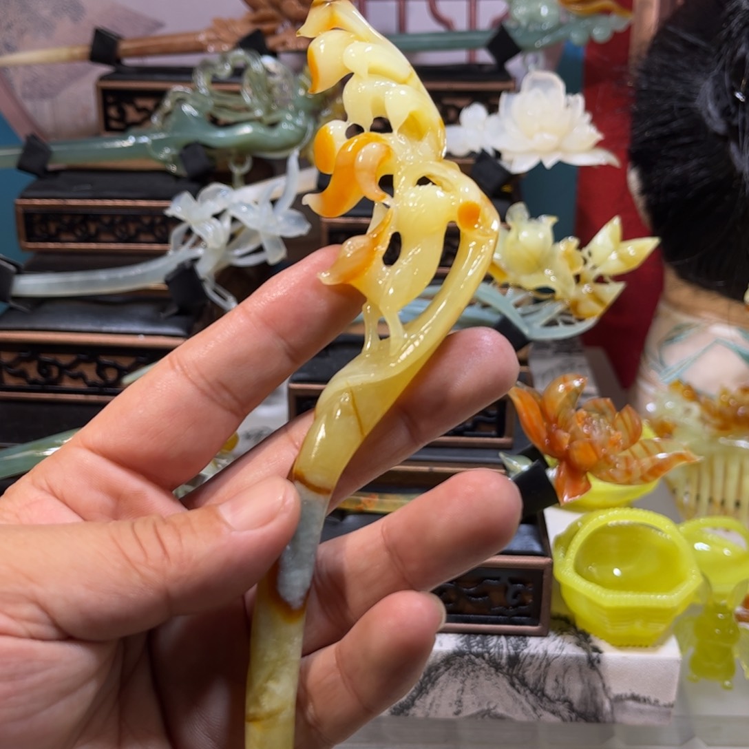 蛇纹石玉发簪合金小