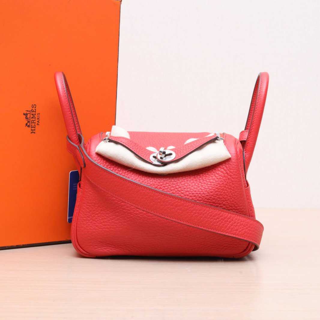 99新 Hermes/爱马仕 小花佳珊 Lindy Mini 番茄红 TC皮 Z刻 银扣