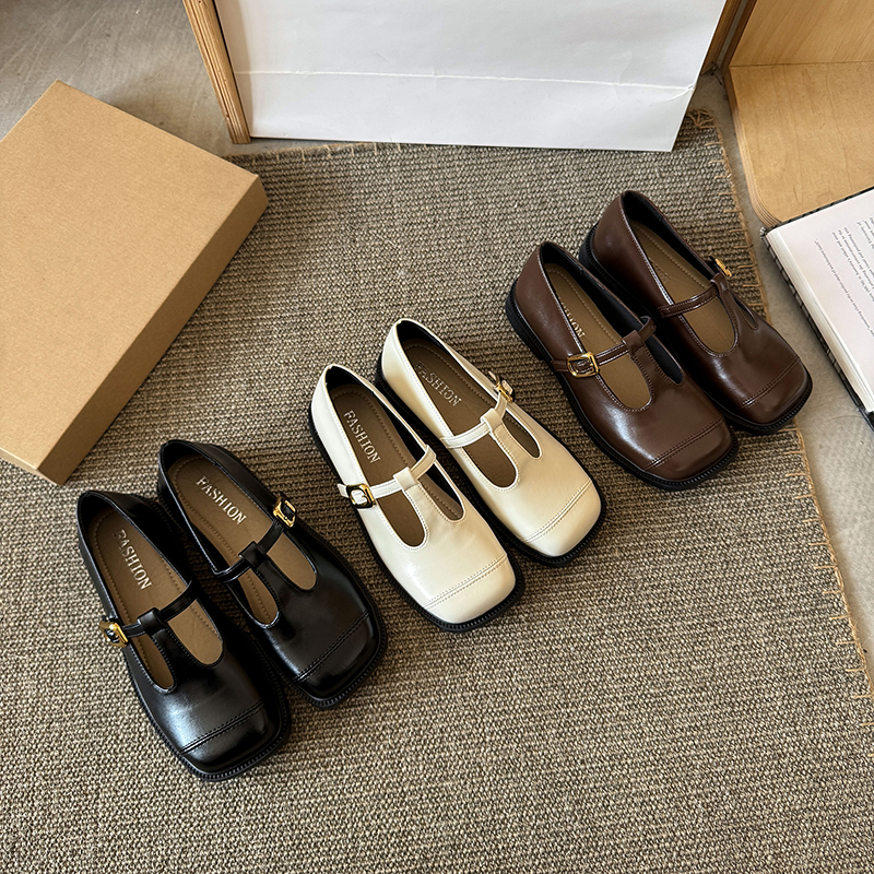 玛丽珍女鞋2025春季新款仙女配裙子浅口平底百搭粗跟软底豆豆单鞋