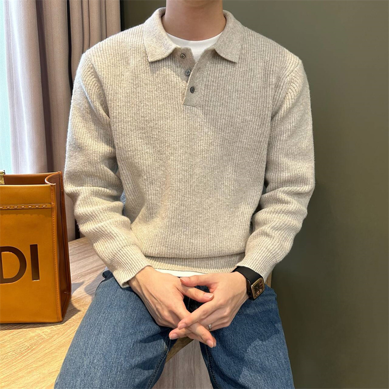 日系针织cleanfit慵懒风毛衣休闲轻奢风翻领男polo衫纯色细条磨毛