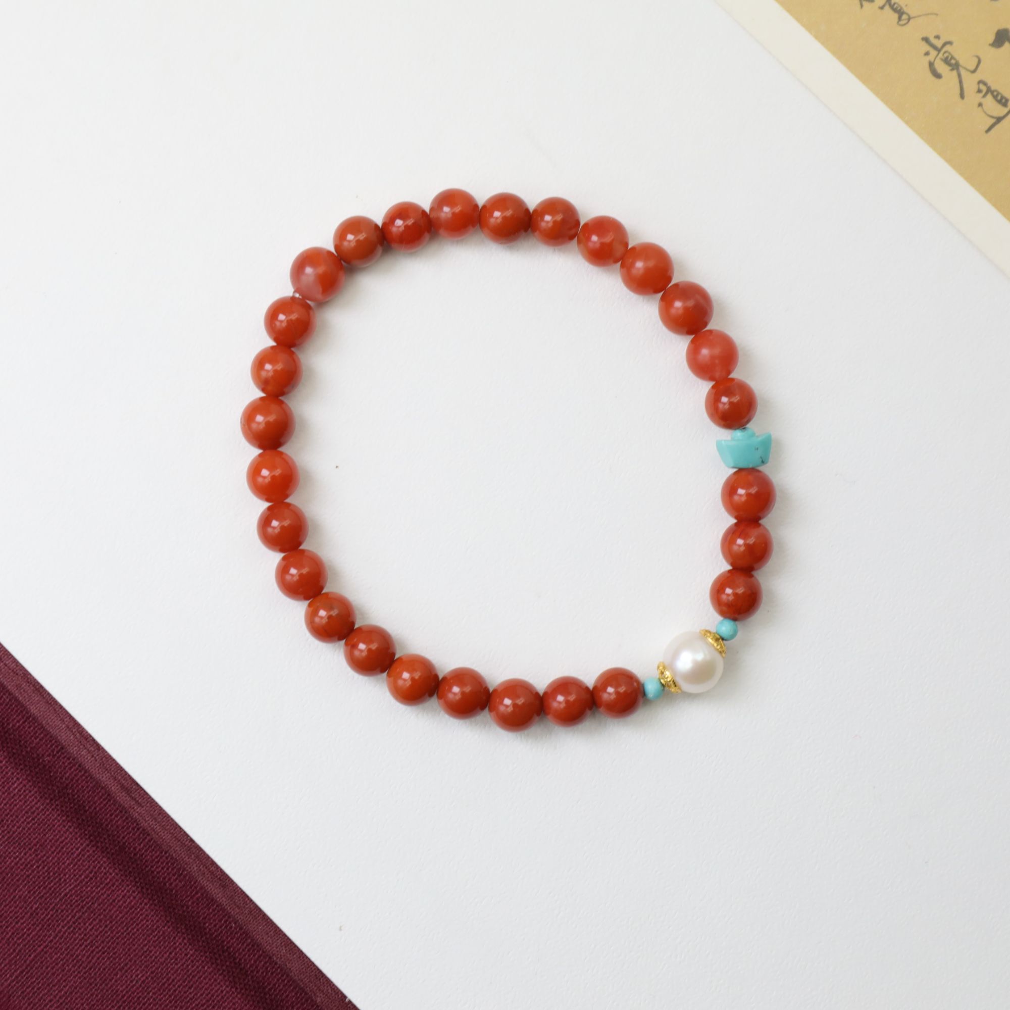 【妙安原创】火焰纹满色半肉南红配珍珠隔珠圆珠手串6mm